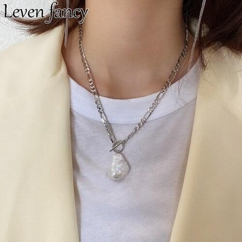 925 Sterling Silver Necklace Punk Baroque Pearl Necklace For Women Silver Chain Big Pearl Pendant Necklace Fine Jewelry Silver