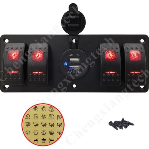 12V Car Boat 4 Gang Red Led On Off Rocker Switch Aluminum Panel RV Vehicles Truck Dual USB Charger 3.1A Port Socket