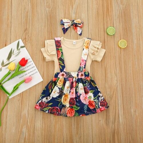 3Pcs Little Girls Clothes Summer Solid Color Fly Sleeve Round Collar Top + Floral Printing Suspender Skirt + Bow Headwear