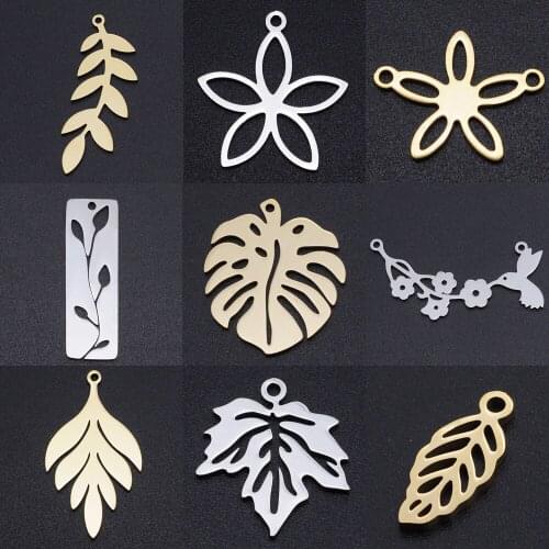 5pcs/lot Flower Leaf DIY Charms Wholesale 100% Stainless Steel Natural Bird Connectors Charm Turtle leaves Jewelry Pendant