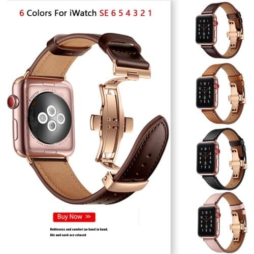 Butterfly Buckle Leather Strap For Apple Watch 6 Band 44/42/40/38mm Watchband Belt Bracelet for iWatch Bands Series 6 SE 5 4 3 2
