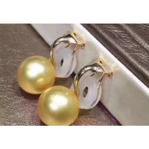 Free shipping elegant 11-11.5mm south sea round gold pearl earring 18k