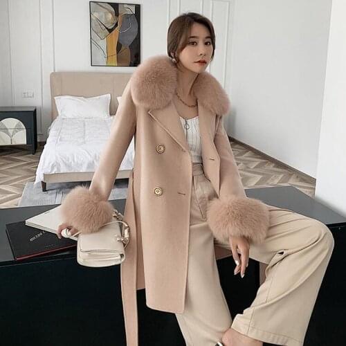 Eruopean Brand fashion medium-long belted real wool Trench coats spring warm real fox fur jackets outerwear