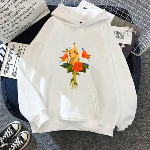 Pokemon Hoodies Pullovers Pikachu Flower Women Anime Kawaii Clothes Cartoon Bulbasaur Sweatshirts Funny Print Warm Cotton Femme