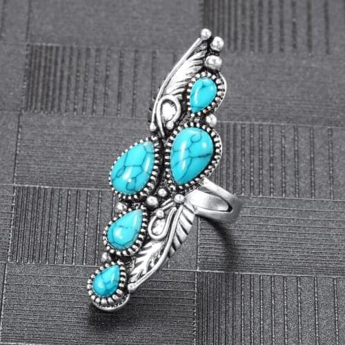 NEW Bohemian Oval Natural Stone Rings for Women Men Vintage Retro Large Blue Beads Turquoises Finger Rings Party Gothic Jewelry