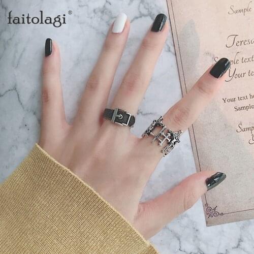 1Pcs Vintage Jesus Cross Open Rings Belt Shaped Hollow Geometric Adjustable Joint Ring Punk Women Finger Rings Jewelry