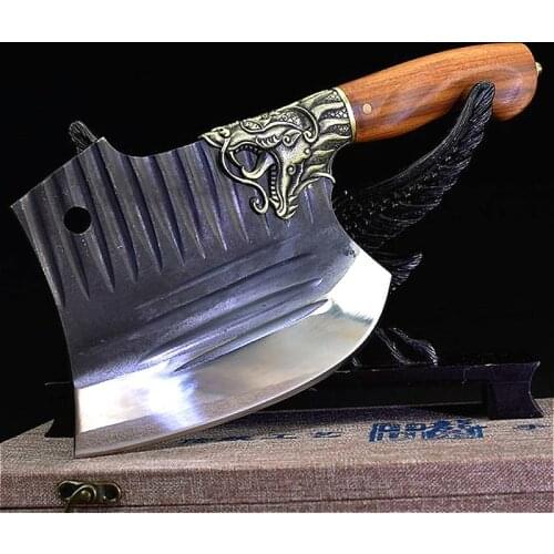Longquan ghost hand writer cut pig foot bone knife with an axe shape large bone knife hand forge cutting kitchen knife