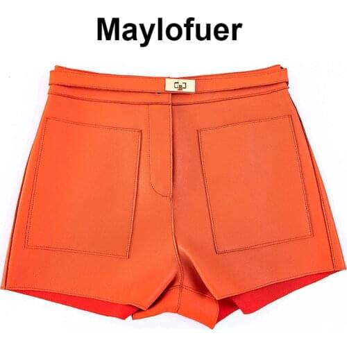 Fashion Orange Genuine Leather Shorts Womens Spring New Loose Trouser Female Shorts with Belt