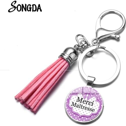 Fashion Teacher Gift Keychain Merci Maitresse Purple Bow Photo Print High Quality Tassel Keyring Lady Lovely Bag Pendant