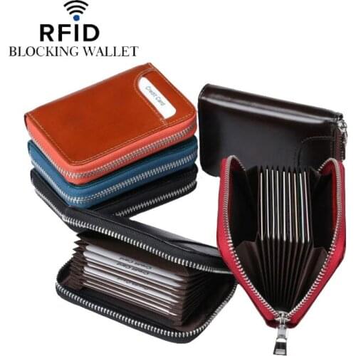 Top Quality Unisex RFID Blcoking Genuine Leather Credit Card Holder Zipper Case Security Travel Wallet With 12 Card Slots
