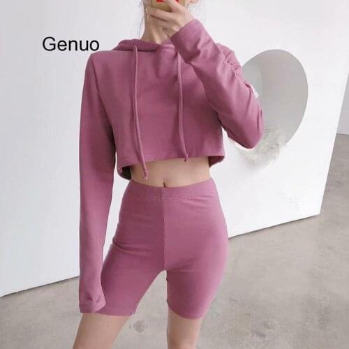 Solid Color Hooded Collar Slim Fit Womens Suit Casual High Waist Lace Up Long Sleeve Suit Home Set Sportswear Summer