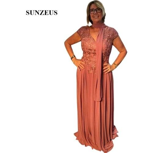 Beaded Appliques Mother Of The Bride Dress A-line V-neck Cap Sleeves Chiffon Bride Mother Gowns Long Lady Formal Robe