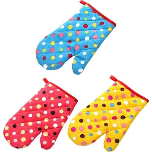Thicken Heat Resistant Kitchen Oven Mitts Colorful Polka Dot Print Padded Cotton Gloves for BBQ Cooking Baking Microwave