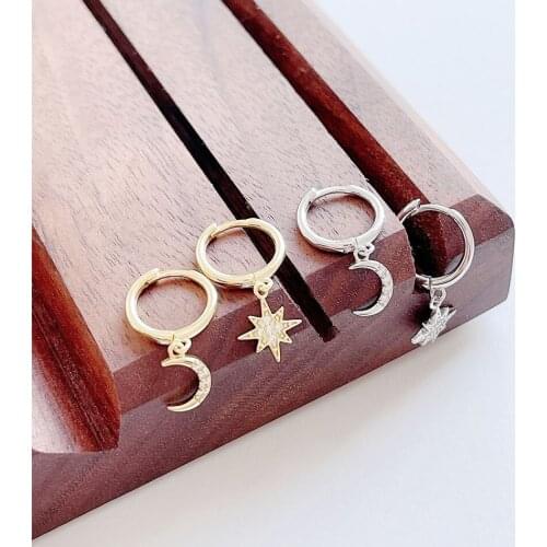 Amaiyllis S925 Sterling Silver Stat Moon Asymmetric Earrings Stud CZ Zircon Gold Hoop Earrings For Women Jewelry