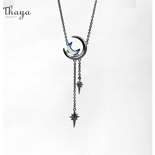 Thaya Vintage Moon Pendant Necklace For Women Moon Design Choker Blue Crystal Colar Chain Necklace Engagement Fine Jewelry