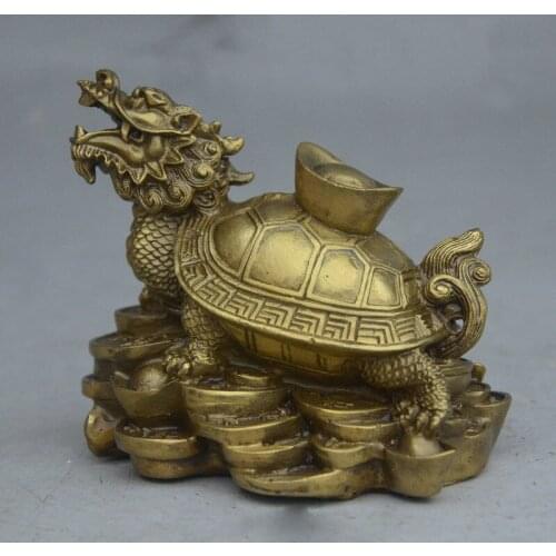 Folk Chinese FengShui Brass Wealth YuanBao Coin longevity Dragon Turtle Statue
