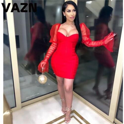 VAZN 2020 Spring New Brand Hot Sexy Women Solid Skinny Mini Dress Lady V-Neck Long Sleeve High Street Bodycon Dress