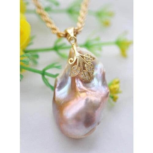 Z10387 Big 38mm Lavender Baroque Keshi Pearl Leaf gold-plating CZ Pendant
