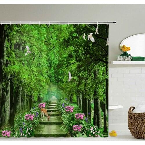 Scenery Shower Curtains Forest Beach Plant Bathroom Curtains Waterproof 3d Printing Decoration Polyester Fabric Bath Screen Mat
