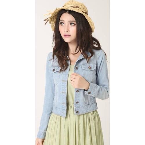 Newly Autumn Vintage Fashion Denim Coats Clothes Turn-down Collar Women Crop Top Solid Slim Long Sleeve Ladies Jackets 62471