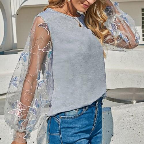 Casual Sexy Lace Hollow Patchwork Shirt 2021 Women Elegant Puff Sleeve O-Neck Pullover Tops Fashion Butterfly Sheer Mesh Clothes