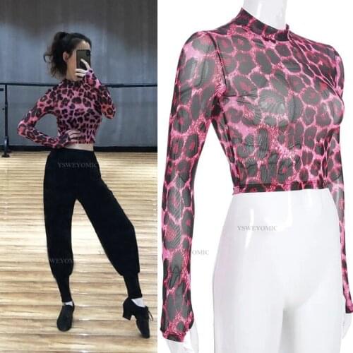 2021 Dance Shirt Women Dancewear Red Leopard Print Mesh Long Sleeve Fingerless Turtleneck Sexy Salsa Latin Dance Tops Women