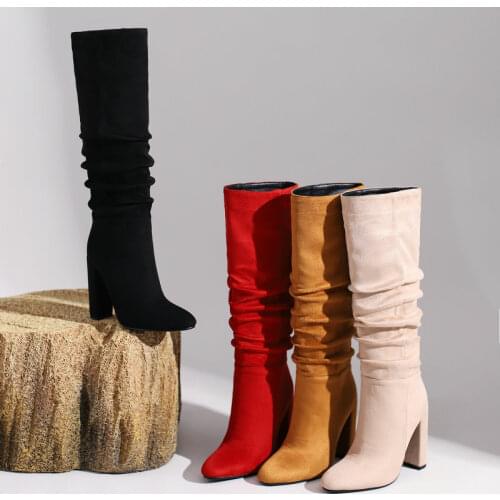 2021 Faux Suede Women Knee High Boots Brand Design Pleated Women Square High Heel Boots Round Toe Dress Womens Boots Big Size