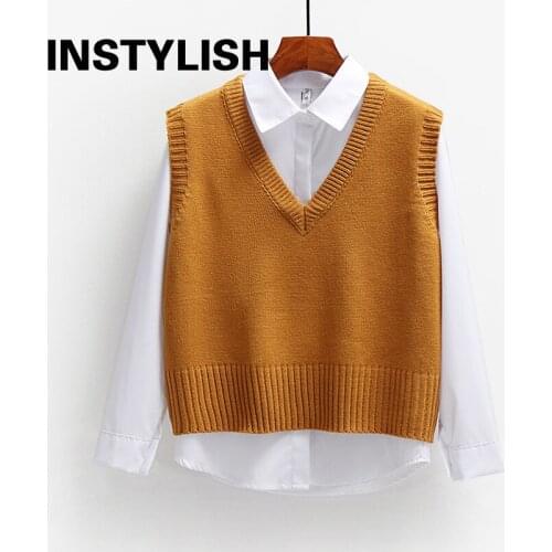 Women Elegant Knitted Waistcoat Korean Harajuku Loose Sweater Vest Casual Solid Sleeveless Pullovers Autumn Outwear Tops