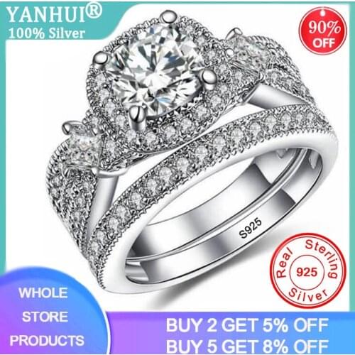 YANHUI New Design 2pcs Original 925 Sterling Silver Round Cut Zirconia Diamond Wedding Band Rings For Women Gift Luxury Jewelry