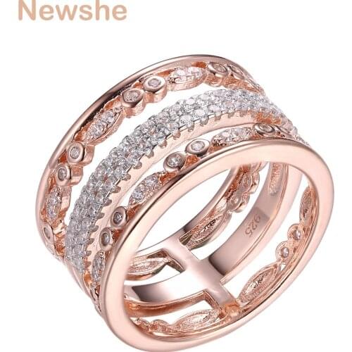 Newshe Solid 925 Sterling Silver AAA Cubic Zirconia Wedding Engagement Ring For Women Rose Gold Color GR01341A