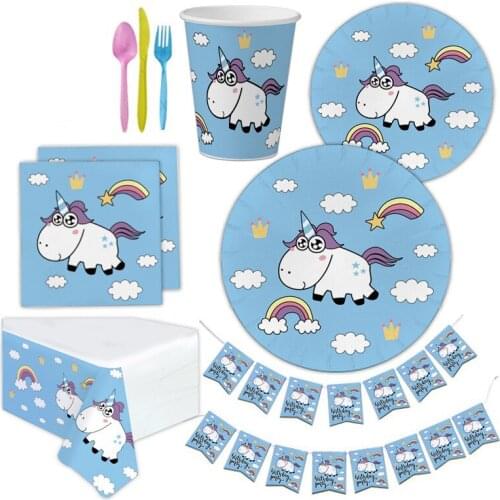 16pcs/lot Unicorn Party Disposable Tableware Paper Plates Cups Blue Cartoon Tablecloth Napkin Birthday Paper Supplies zz01