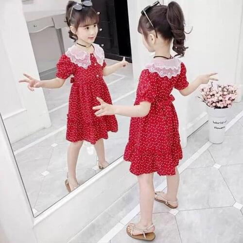 2021 Girls for Summer Wave Point Doll Collar Dress 12 Childrens Clothing 11 Fashion Short Sleeve Chiffon Princess Party Dresses