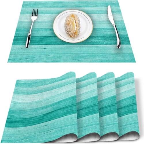 4/6 Pcs Placemat Table Mat Turquoise Wooden Board Printed For Tables Heat-insulation Linen Cotton Kitchen Dining Pads Set