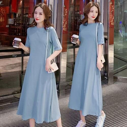 834# Maternity Dress Summer O Neck Plain Color T Shirt Cotton Short Sleeves Loose Stylish Dress Pregnant Women Mom Dress