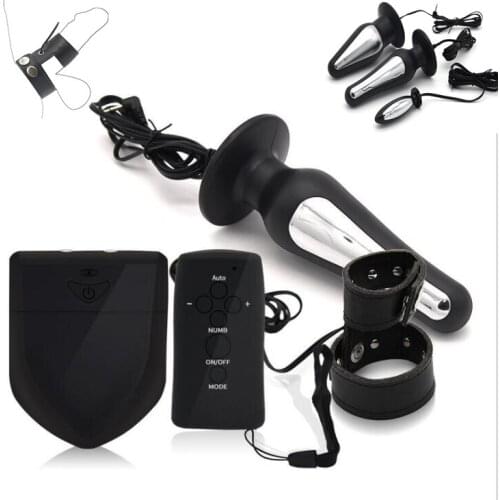 Electro Shock Anal Plug PU Leather Penis Rings Cock Ring Adult Sex Toys For Man Woman Electric Stimulate Vaginal Plug Massager