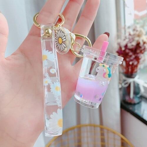 Unicorn Pearl Sequins Milk Tea Cup Keychain Quicksand Acrylic Keyring Floating Liquid Key Chain Car Bag Charm Women Girl Gift