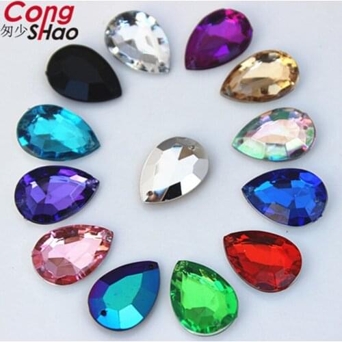 Cong Shao 50pcs 13*18mm Mix Color Drop Crystal Rhinestones Pointback Acrylic Strass Sew On 2 hole Crystal Stones Applique ZZ769