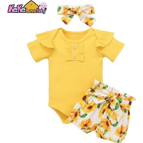 Floral Ruffles Newborn Infant Baby Girls Clothes Set Summer Short Sleeve Romper Tops Pants Headband Fashion 3Pcs Clothing Outfit