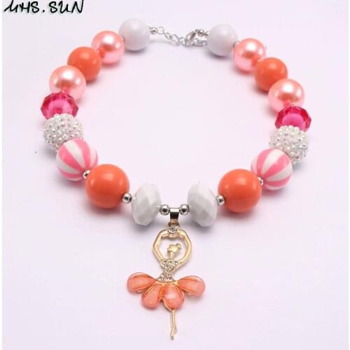 MHS.SUN Charm Crystal Ballet Girl Pendant Necklace Chunky Kids Baby Bubblegum Beaded Necklace 1PC Chokers Jewelry Party Gifts