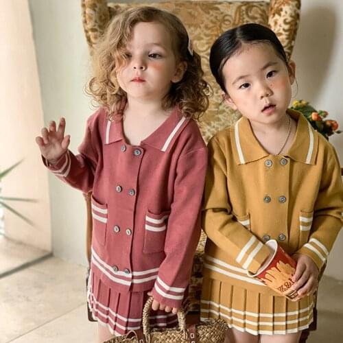 Girls Autumn and Winter Fashion Knitwear 2021 Baby Girl Soft Loose Cardigan Pleated Skirt 2-piece Set Kids Clothes Girls