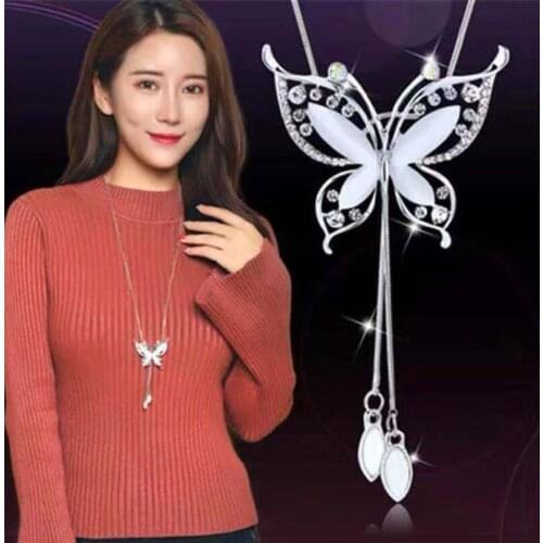 New Arrival Women Pendant Necklaces Trendy Opal Butterfly Necklace Alloy Pendant Tassel Chain Necklace
