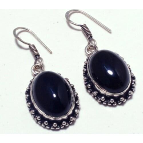 Genuine Black Onyx Silver Overlay on Copper Earrings , Hand made Women Jewelry Gift, E5282