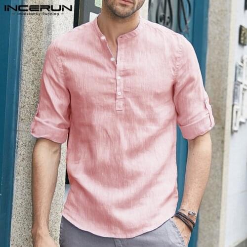 INCERUN Men Brand Shirt Stand Collar 3/4 Sleeve Solid Color Blouse Loose Fashion Streetwear 2021 Casual Camisas Hombre S-5XL