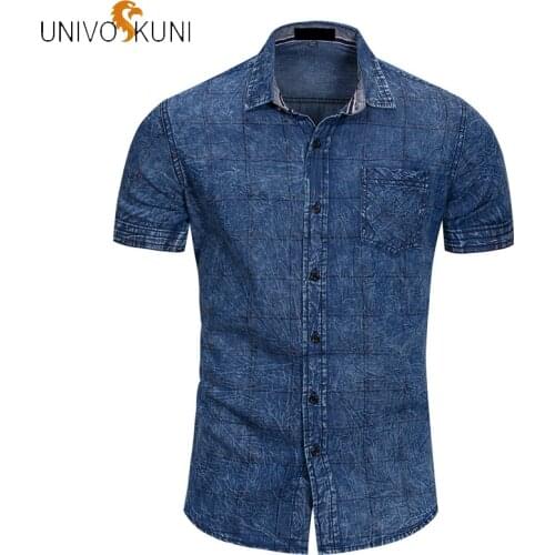 UNIVOS KUNI 2019 New Fashion Casual Shirts Men Fit Slim Short Sleeve Solid Men Shirts Plaid 100% Cotton Men Denim Shirt Q573