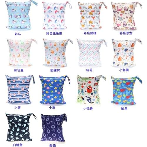 Latest pattern diaper bags waterproof and moisture proof double zipper design dry wet separation baby carrier bags