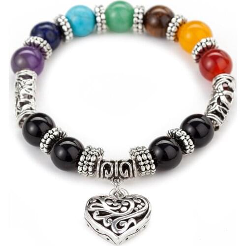 WWLB 7 Chakra Stone Bead Bracelet Bangle For Women Men Peach Heart Charm Rainbow Healing Reiki Prayer Buddha Jewelry Gift Couple