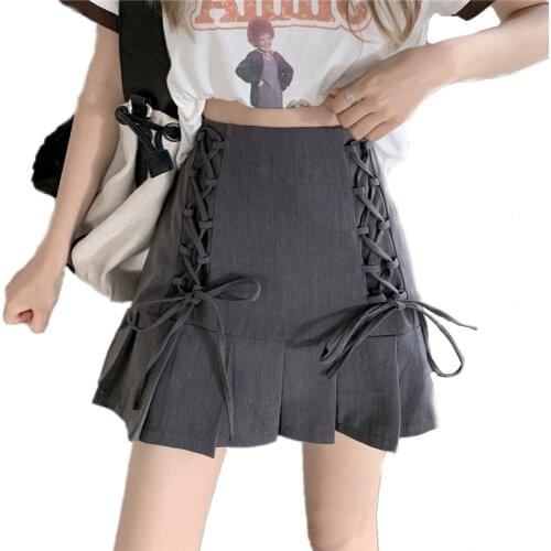 Summer Women High Street Mini Skirt Empire Waist A-Line Pleated Skirt Fashion All-match Bodycon Eyelet Lace Up Aesthetic Skirts