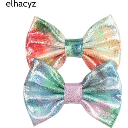 10pcs/lot Classical 5" Rainbow Colors Glitter Leather Bow Hair Bow Barrette DIY Hair Accessories For Girls Women Hair Clip