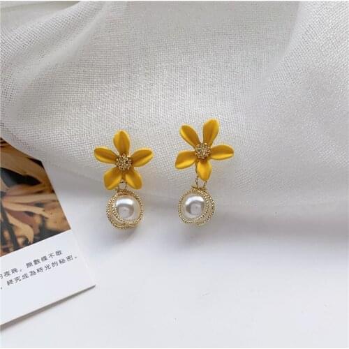 Yellow Flowers Simple Simulated-pearls Earrings Bride Mori Girls Aesthetic Drop Earrings