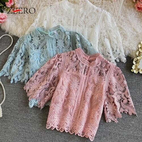 Summer Korean Women Sweet Fake Two Tops Female Speaker Half Sleeve O-Neck Hollow Out Lace Top Vintage Casual Short Blouses 2021